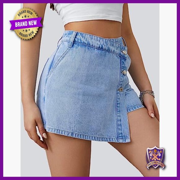 High Waisted Stretchy Denim Skort Asymmetrical Mini with Shorts - Picture 4 of 7